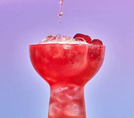 Referência: taça com bebida vermelha, gelo e fruta